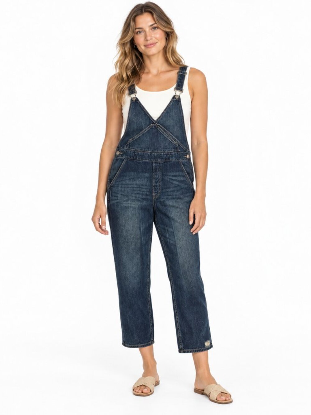Gap Distressed Denim Overalls M Medium Wash Straight Crop Casual Retro Utility